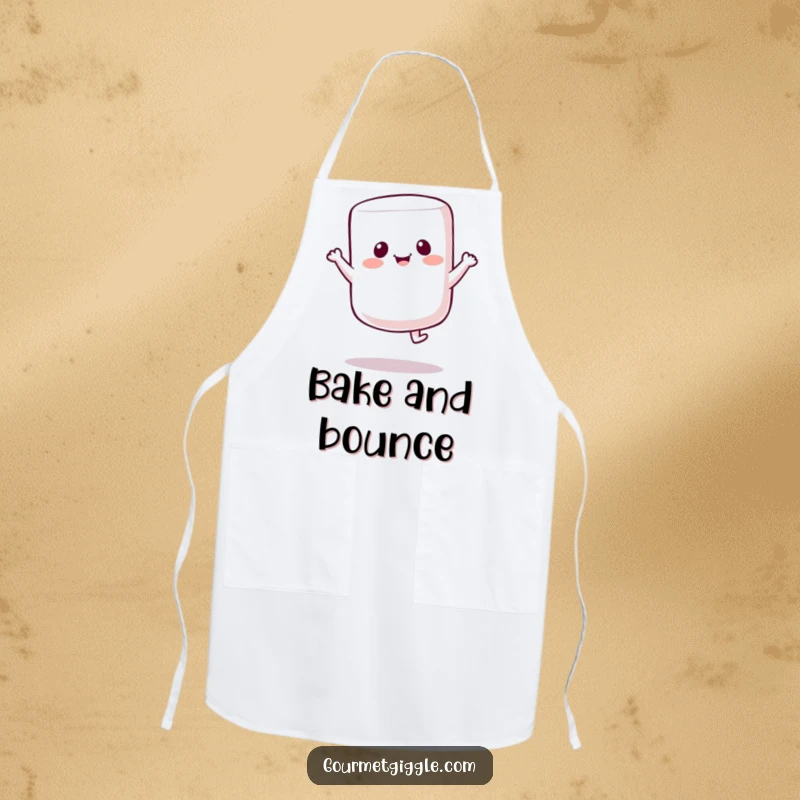 Funny Marshmallow Bounce Apron: A cheerful marshmallow bounces with joy, making baking and cooking a delightful and humorous experience.