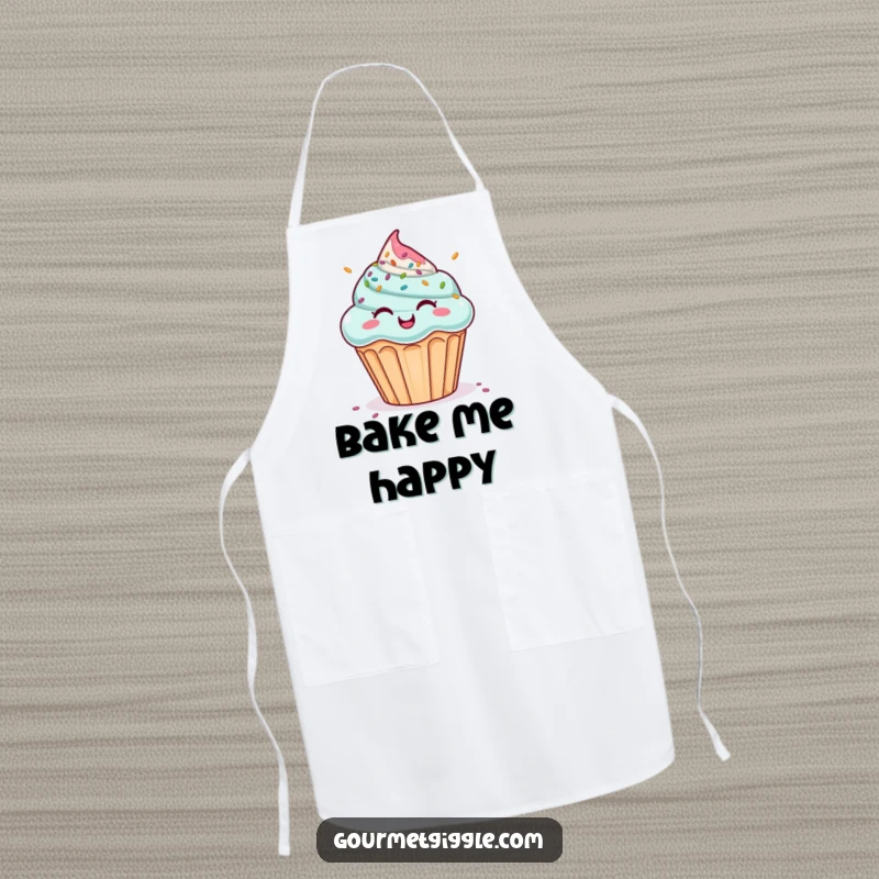 Funny kitchen apron with a giggling cupcake enjoying a sprinkle shower. Humorous and practical, a great funny gift.