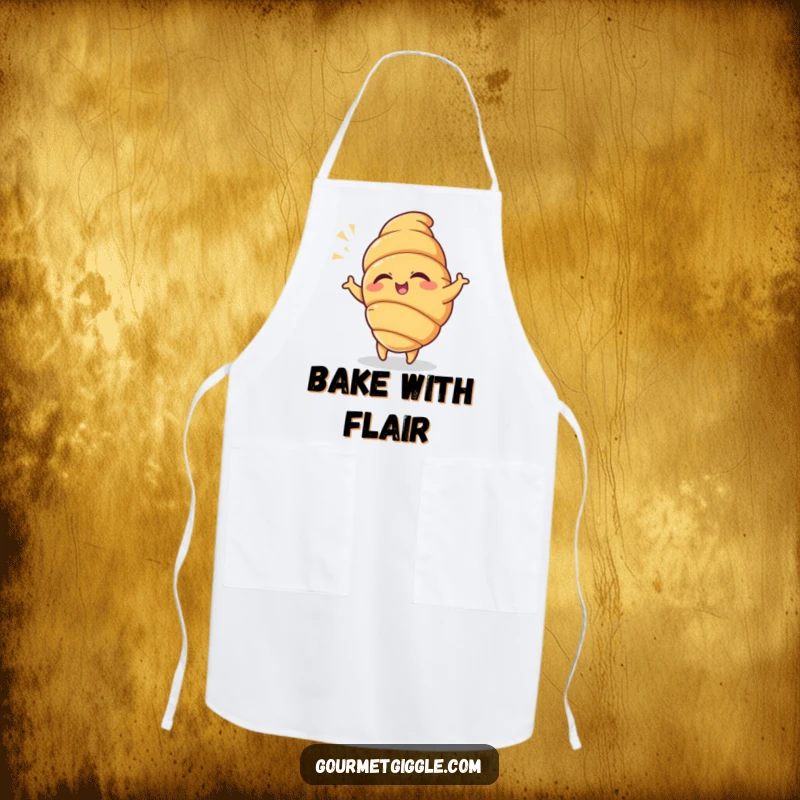 Funny Croissant Apron showcasing a winking croissant doing a playful dance with a flourish, perfect for adding humor to the kitchen.