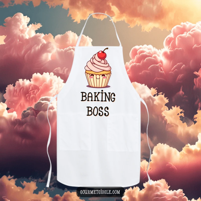 Funny apron showcasing a cheerful cupcake with frosting and a cherry tipping its hat, ideal for kitchen use.