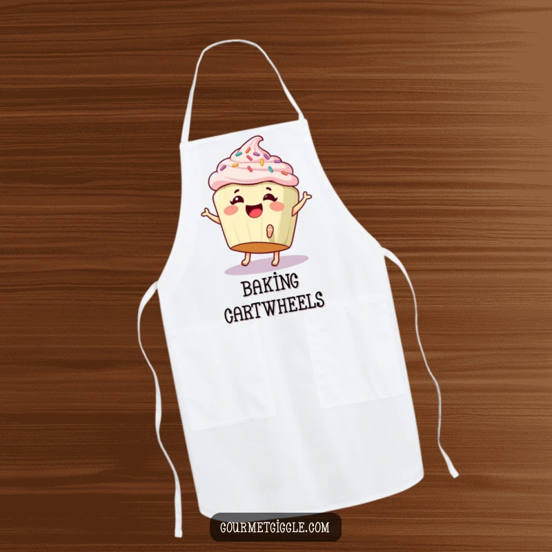 Funny apron featuring a giggling cupcake with sprinkles and tiny feet doing a cartwheel, for sweet kitchen fun.