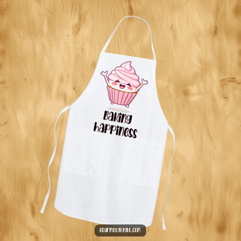 Funny Cupcake Apron showcasing a smiling cupcake character joyfully leaping, ready to bake.