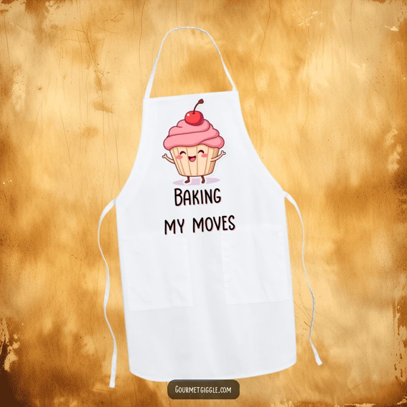 Funny Cupcake Dance Apron featuring a cheerful cupcake with a cherry, perfect for a joyful and messy cooking experience.