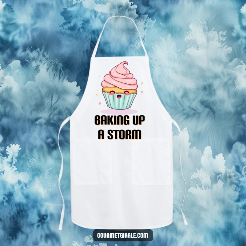 Funny giggling cupcake apron with frosting flying off mid-spin, ideal for cooking and adding sweet, humorous flair.