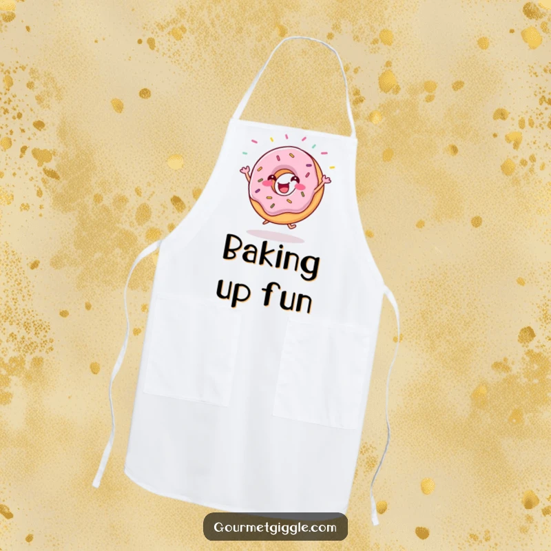 Funny donut apron featuring a gleeful donut doing a happy jig with sprinkles flying, adding humor to cooking and baking tasks.