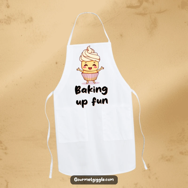 Funny cupcake apron adorned with a cheerful cupcake with frosting hair, happily doing a little jig.