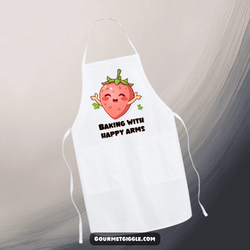 Smiling strawberry wiggling its leaves like arms, perfect for a humorous cooking apron designed for cheerful bakers.