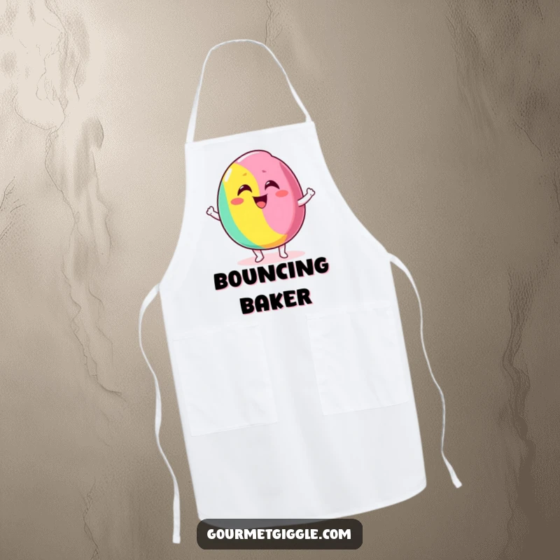 Funny apron featuring a delighted candy bouncing excitedly with a silly grin, for sweet kitchen fun and energy.