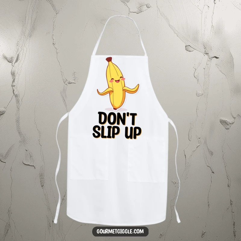 Funny Banana Peel Apron: An apron featuring a grinning banana peel comically slipping, designed to bring humor and protection to the kitchen.