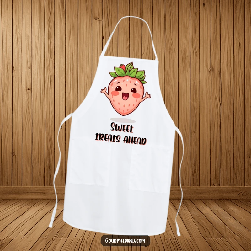 Funny excited strawberry with a leafy crown, depicted bouncing with mirth on a fun and functional cooking apron.