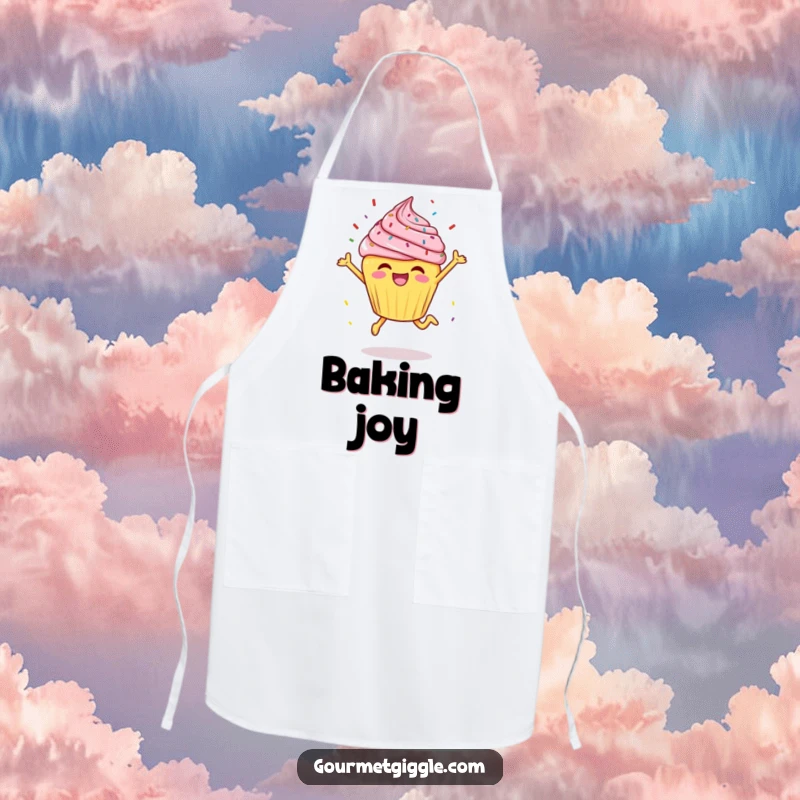Funny cheerful cupcake doing a joyful leap with sprinkles flying, ready to bake up some joy on this apron.