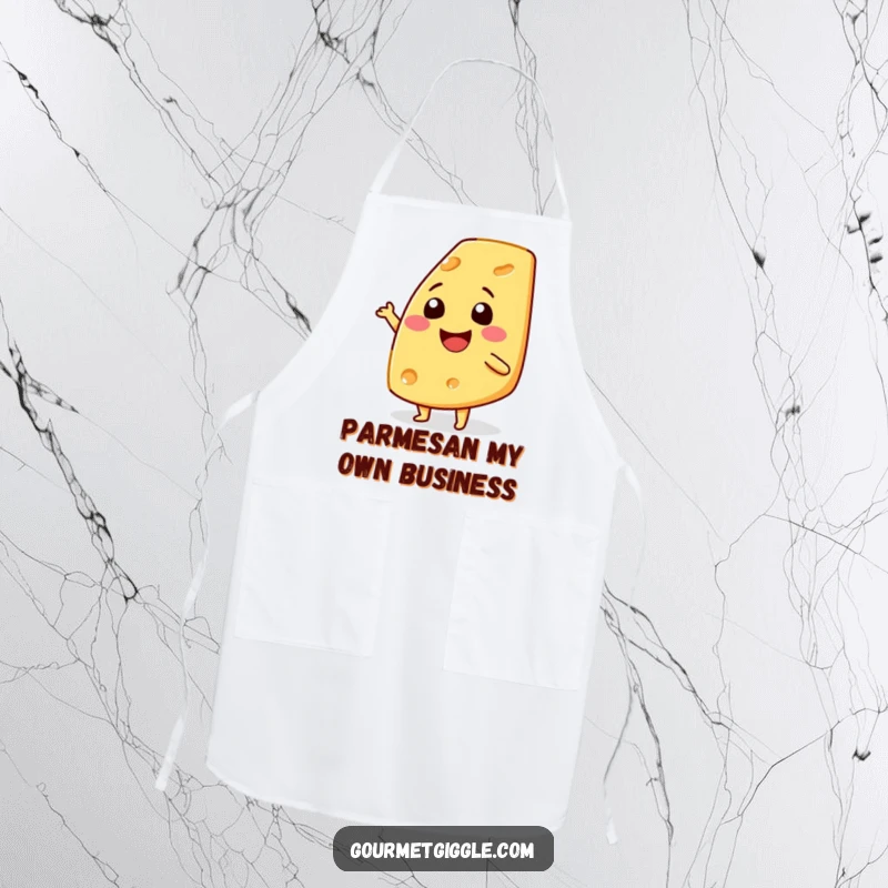 Funny smiling cheese wedge apron, designed for chefs and home cooks, features a dancing cheese wedge, great for kitchen humor.