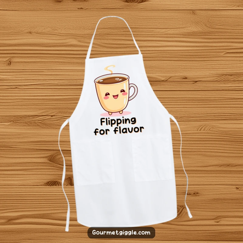 Funny apron featuring a bubbly cup of coffee doing a cheerful twirl, for a fun and energetic cooking experience.