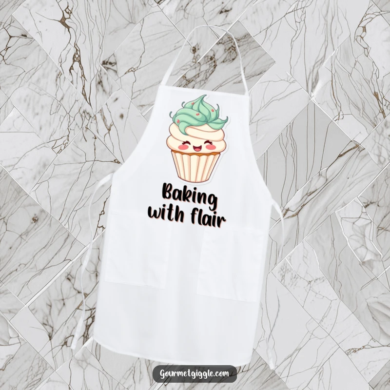 Funny cupcake apron depicting a joyful character with frosting hair spinning energetically while cooking. Adds humor to kitchen tasks.