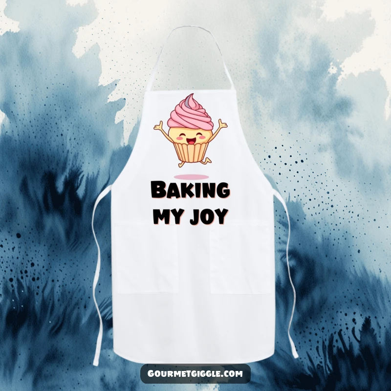 Funny cupcake apron showing a leaping cupcake with frosting, perfect attire for a joyful baker.