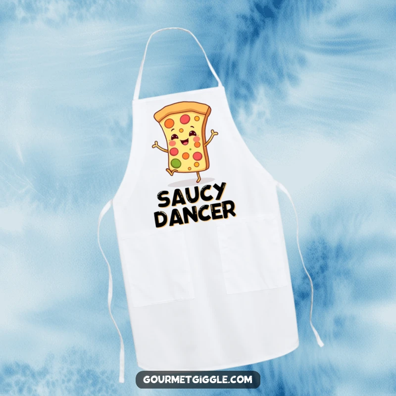 Funny apron showcasing a smiling pizza slice with tiny legs doing a happy dance, ideal for kitchen use.
