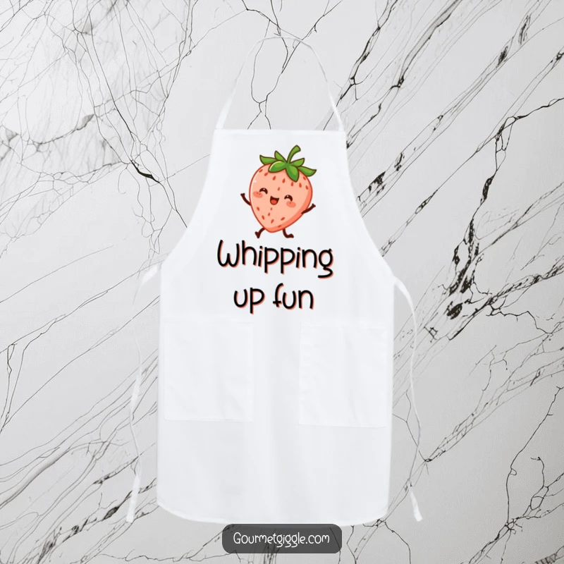 Funny apron showing a cheerful strawberry character with two little legs, energetically dancing while cooking, adding a playful touch.
