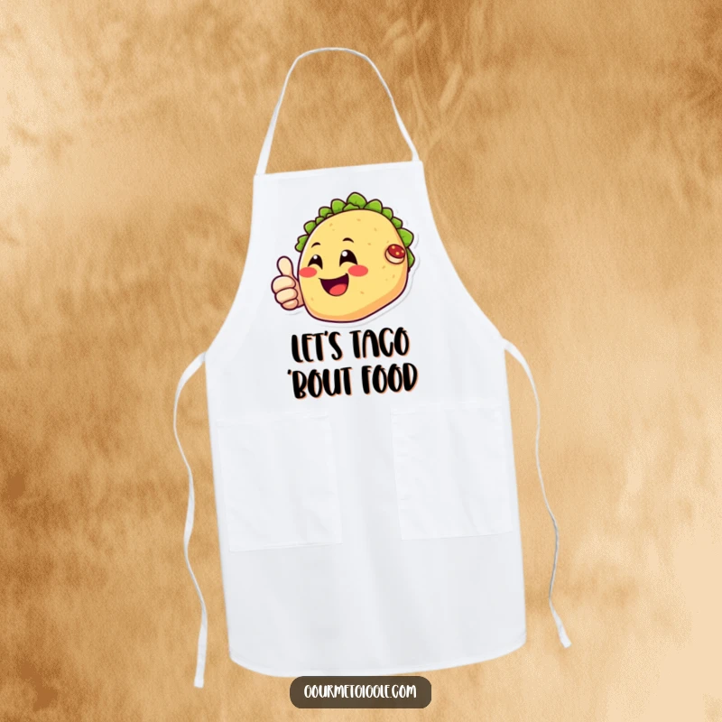 Funny apron showing a happy taco character smiling and giving a thumbs up, perfect for adding humor to the kitchen.