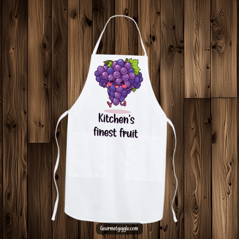 Funny apron with a bunch of happy grapes doing a little hop, ready for kitchen adventures with fruity cheer.
