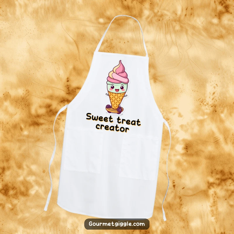 Funny apron featuring a cheerful ice cream cone scooting along, perfect for adding humor to serving and cooking duties.