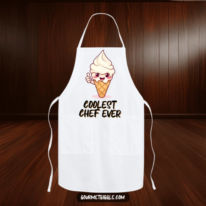 Funny ice cream apron featuring a melting cone giving a cheerful thumbs up. A sweet and practical kitchen accessory.