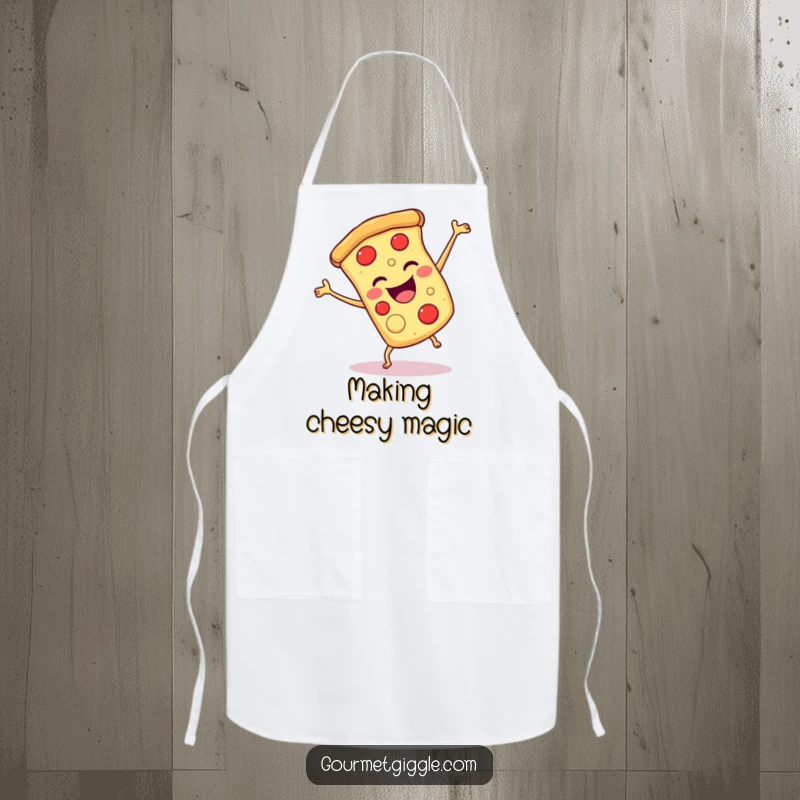 Funny pizza cartwheel apron, showing a smiling slice of pizza doing a joyful cartwheel, for kitchen duties.