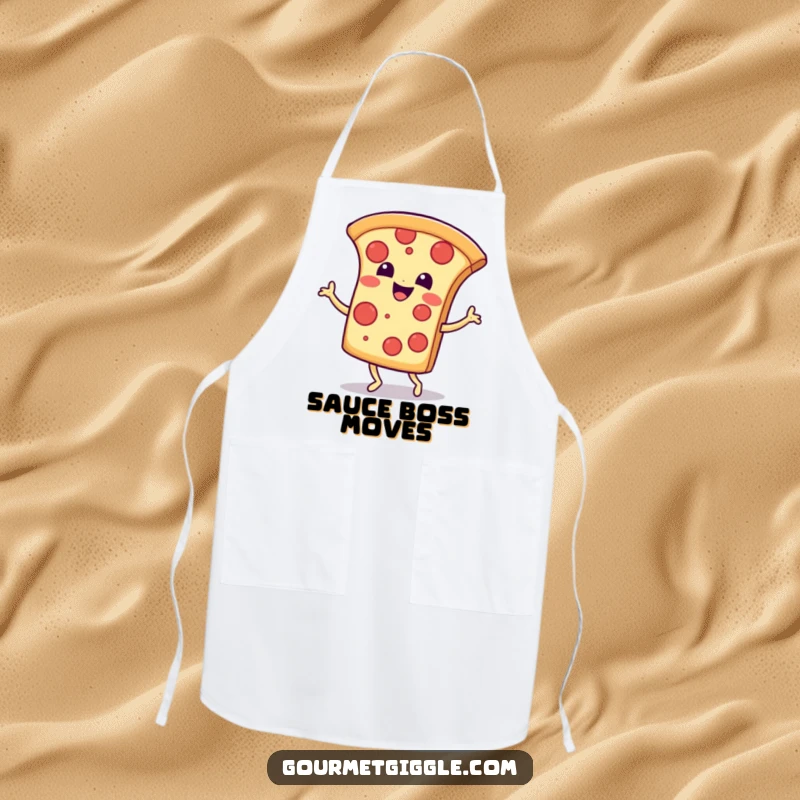 Funny Apron: A smiling pizza slice doing a happy jig, ideal for protecting clothes during cooking with a dose of cheesy cheer.