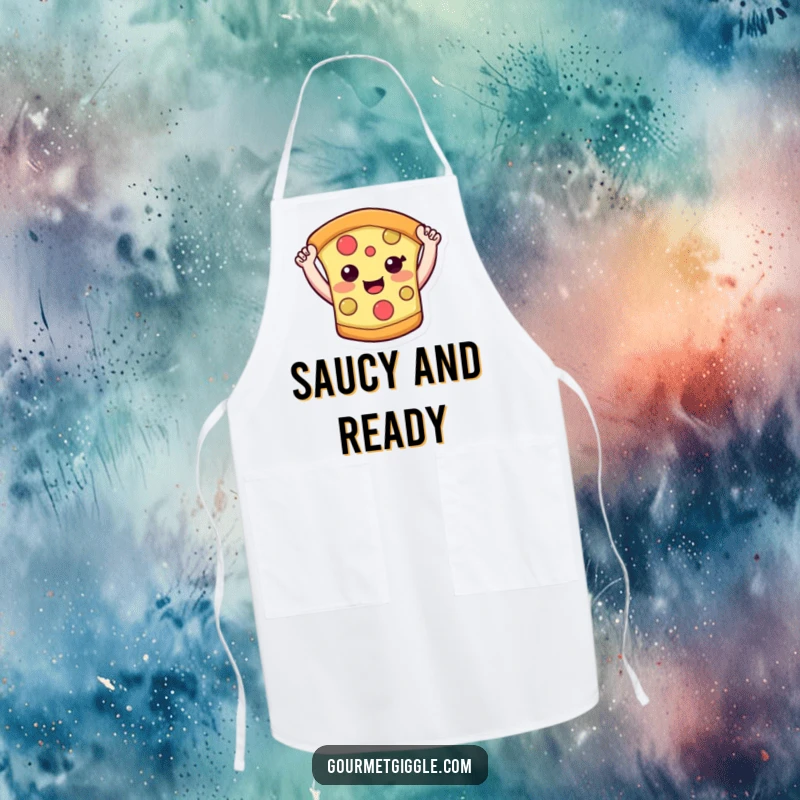 Funny pizza slice apron with a cheerful pizza character, arms raised high, ready to whip up some delicious and funny meals.