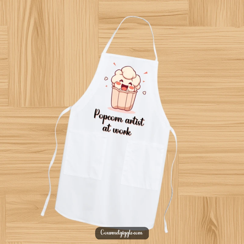 Funny popcorn kernel apron showing an excited character popping out of a bag, perfect for kitchen protection and movie night vibes.