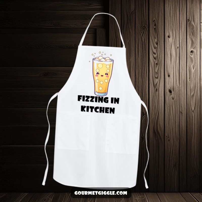 Funny apron depicting a glass of soda with cheerful fizzing and bubbles, a refreshing and humorous kitchen accessory.