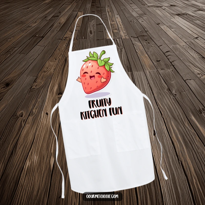 Funny Strawberry Apron showcasing a giggling strawberry in a playful spin, perfect for adding fruity fun and humor to the kitchen.