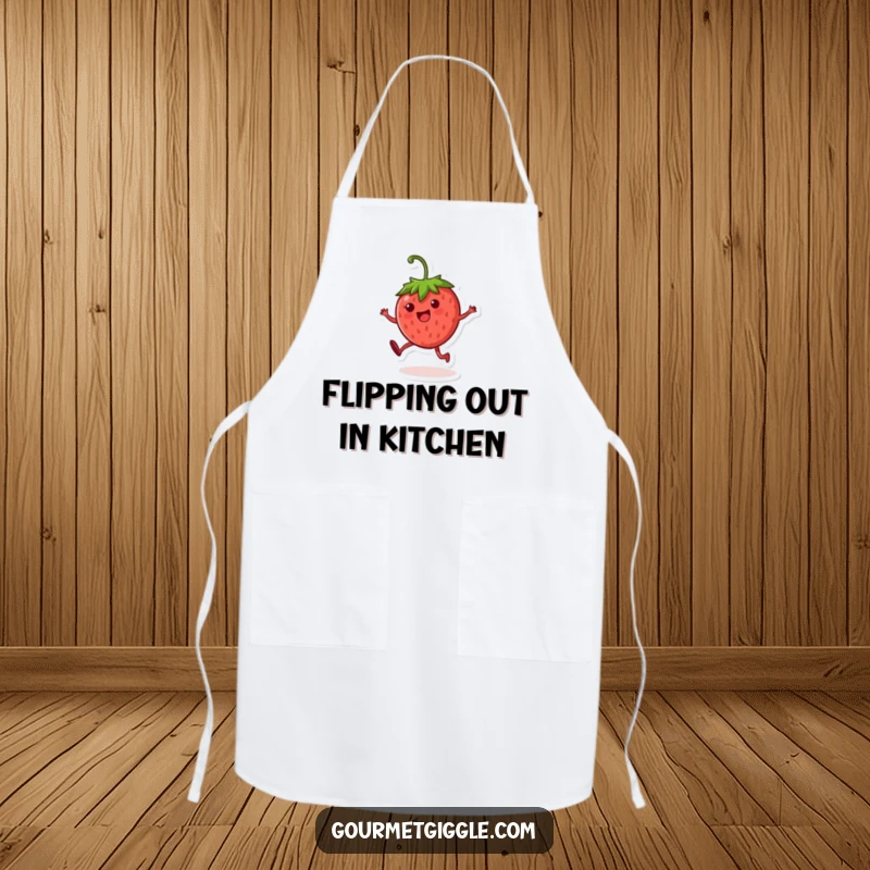 Funny strawberry character apron, depicting a round, cheerful fruit doing a cartwheel, ideal for culinary amusement.