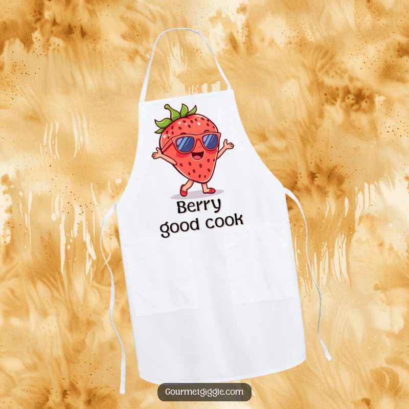 Funny Strawberry Sunglasses Apron showing a cheerful strawberry dancing with cool sunglasses, adding a playful and stylish touch to the kitchen.