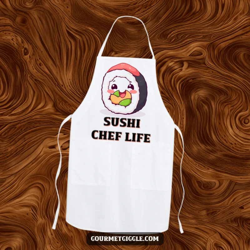 Funny Apron: A happy sushi roll joyfully rolling with glee, ideal for cooking with a dash of culinary fun.