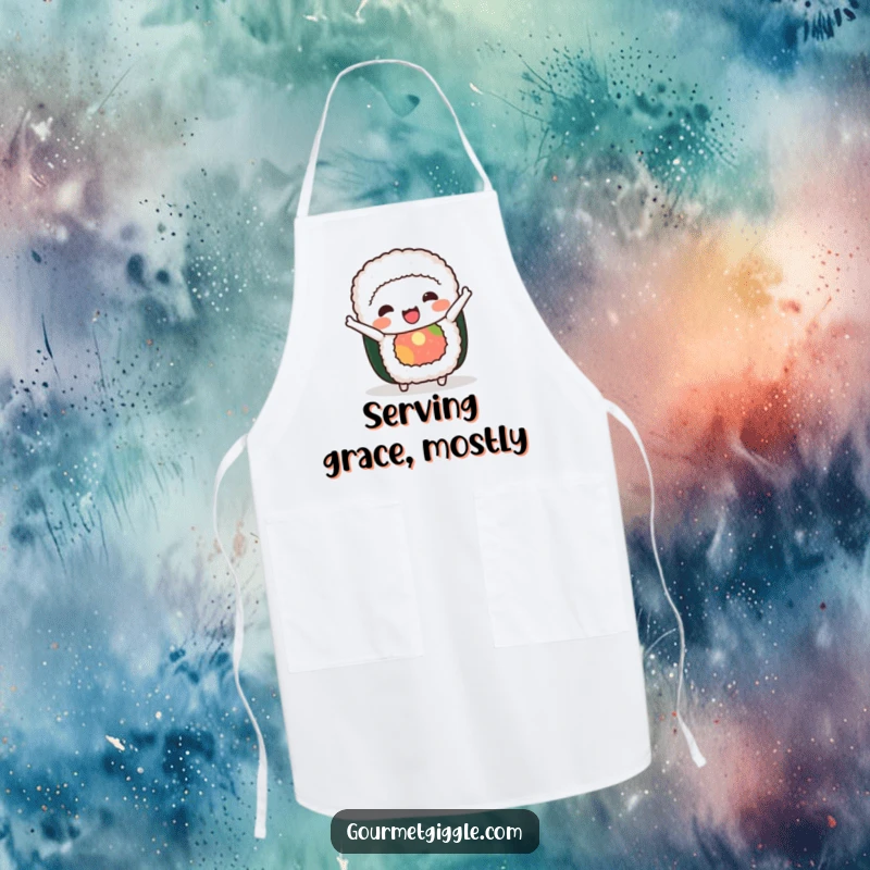 Funny sushi roll apron showing a happy character in an amusing bow, ideal for protecting clothes while adding kitchen humor.