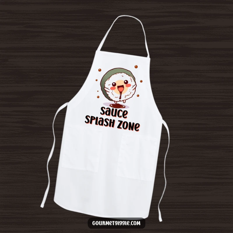 Funny sushi roll apron showing a cartwheeling sushi with soy sauce splashing, great for cooking.