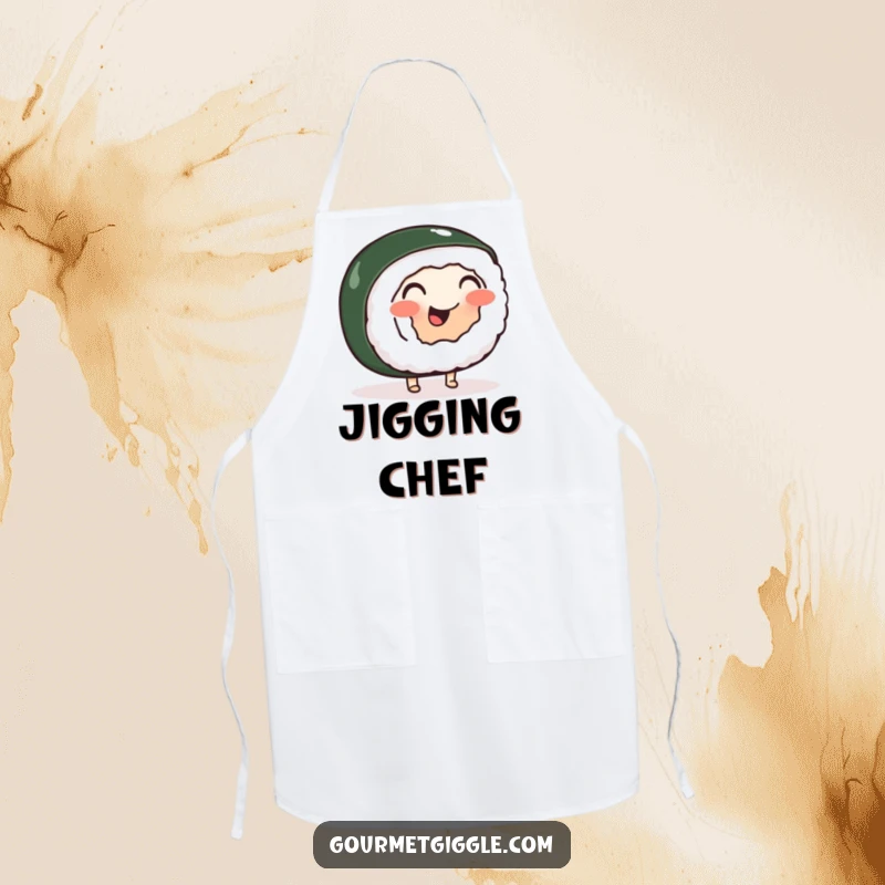 Funny kitchen apron featuring a cheerful, wobbly sushi roll with little feet doing a happy jig, for giggles while cooking.