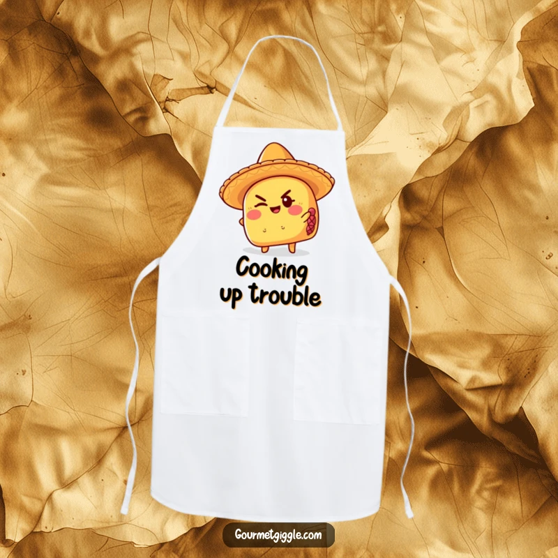 Funny taco apron wearing a sombrero, giving a mischievous wink, perfect for cooking and adding humorous, festive flair.