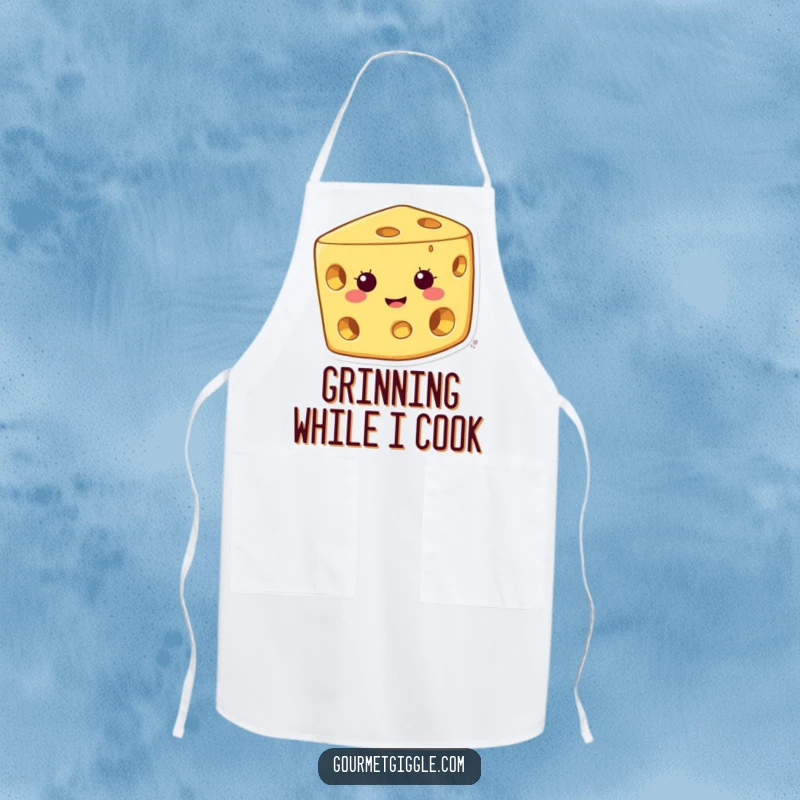 Funny cheese apron showing a happy character with a wide grin and holes, perfect for kitchen protection and foodie fun.