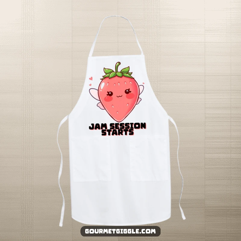 Funny blushing strawberry character with tiny fluttering wings on an apron, cute kitchen wear, perfect for a funny gift for cooks.