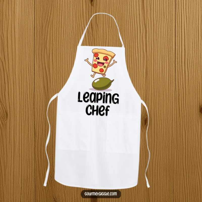 Funny apron featuring a grinning pizza slice with legs leaping over a giant olive, for humorous kitchen antics.