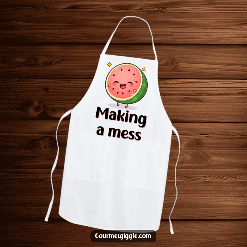 Funny watermelon apron featuring a giggling slice doing cartwheels, ready for kitchen adventures. A playful and practical cooking accessory.