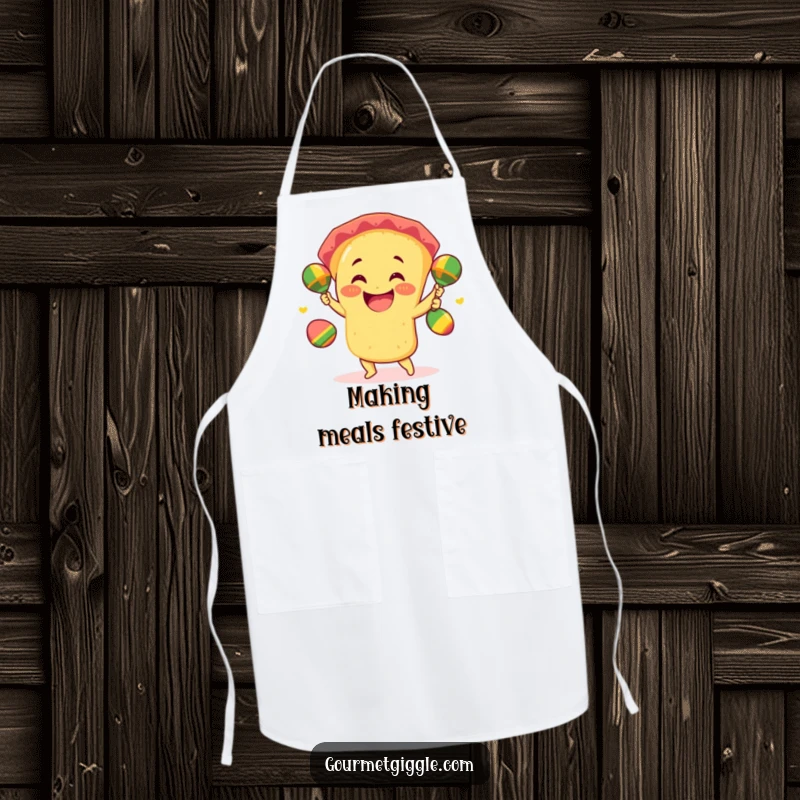 Funny taco apron featuring a smiling taco juggling three mini maracas with giddy excitement, ideal for kitchen fiestas.