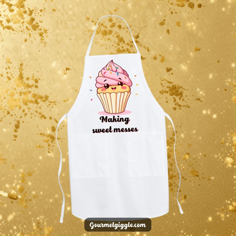 Funny cupcake character apron, a giggling, bobbing cupcake with bouncing sprinkles, perfect for sweet culinary amusement.