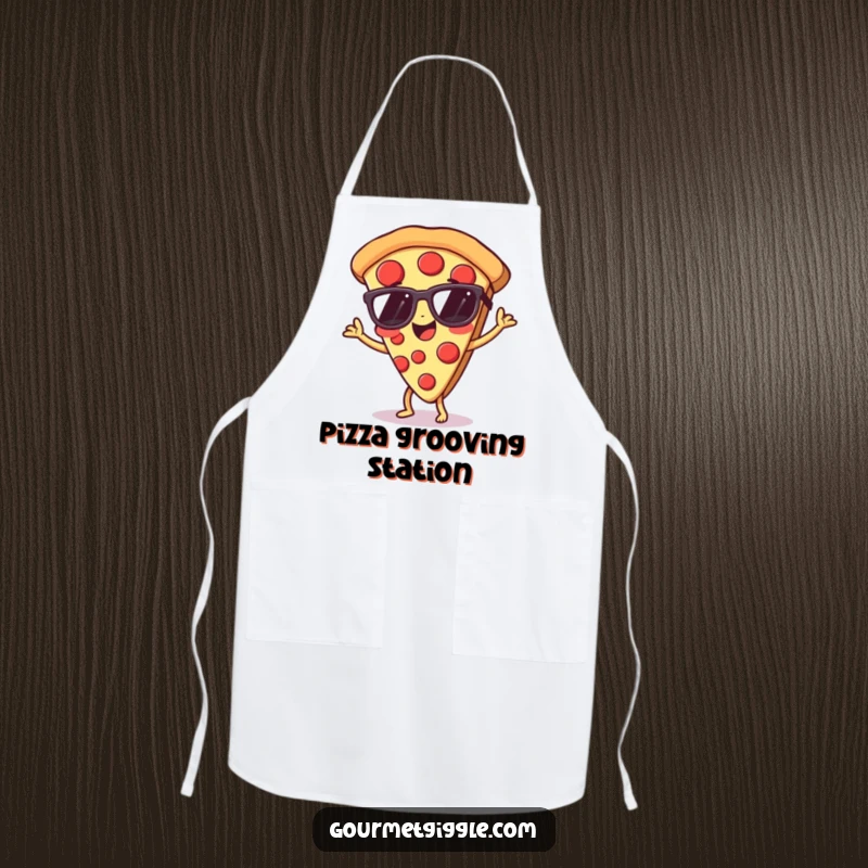Funny pizza apron showing a dancing slice with sunglasses, ideal for a fun cook.