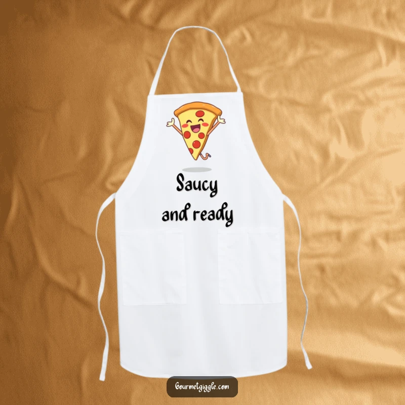 Funny apron showcasing a smiling pizza slice in a joyful jump, perfect for adding humor to cooking and baking.