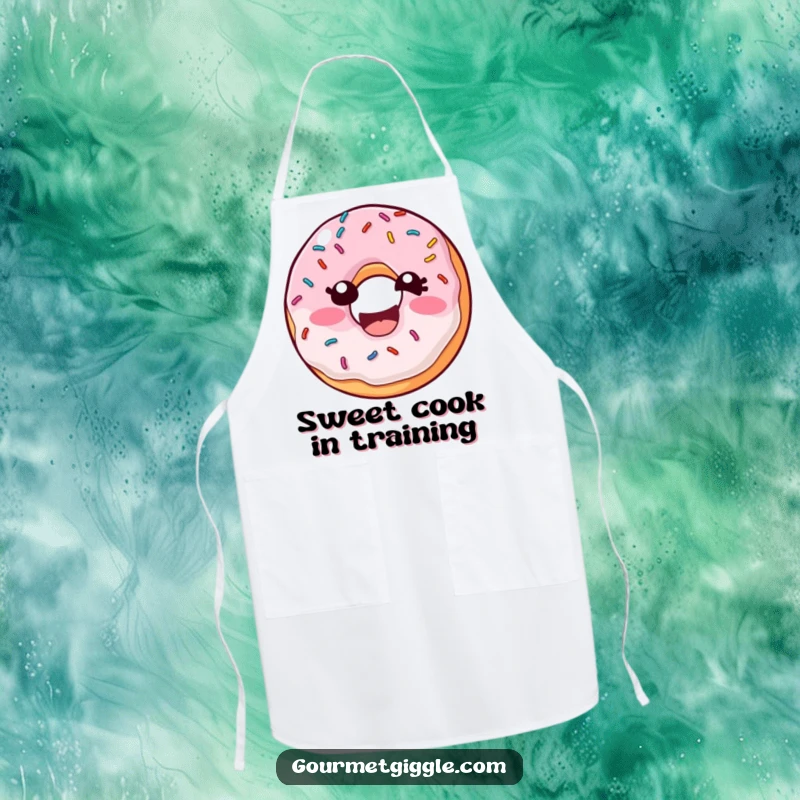 Funny Donut Sprinkles Apron showing a laughing donut with sprinkles wiggling with mirth, making cooking a fun and humorous experience.