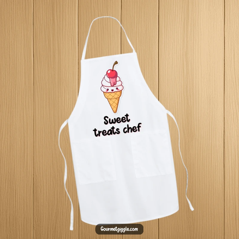Funny Apron designed with a delighted ice cream cone, slightly melty, bringing cheerful humor to kitchen tasks.