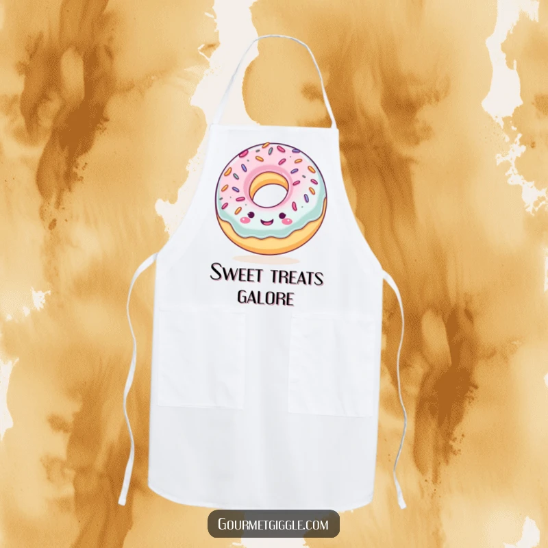 Funny apron featuring a smiling donut with sprinkles, bouncing energetically, perfect for adding humor to baking and cooking duties.