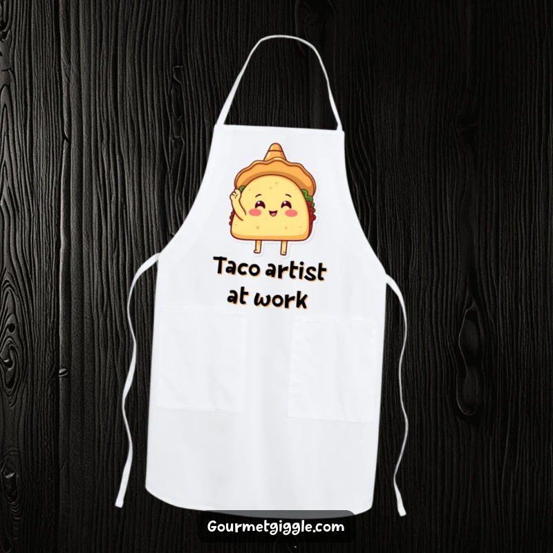 Funny Taco Sombrero Apron showing a happy taco in a sombrero tapping its shell, making cooking a joyful and humorous experience.